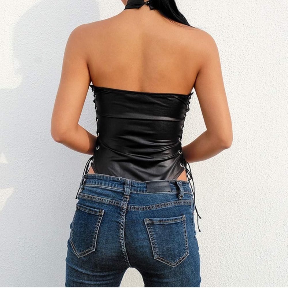 Faux Leather Lace Up Bodysuit - Picture 4 of 14